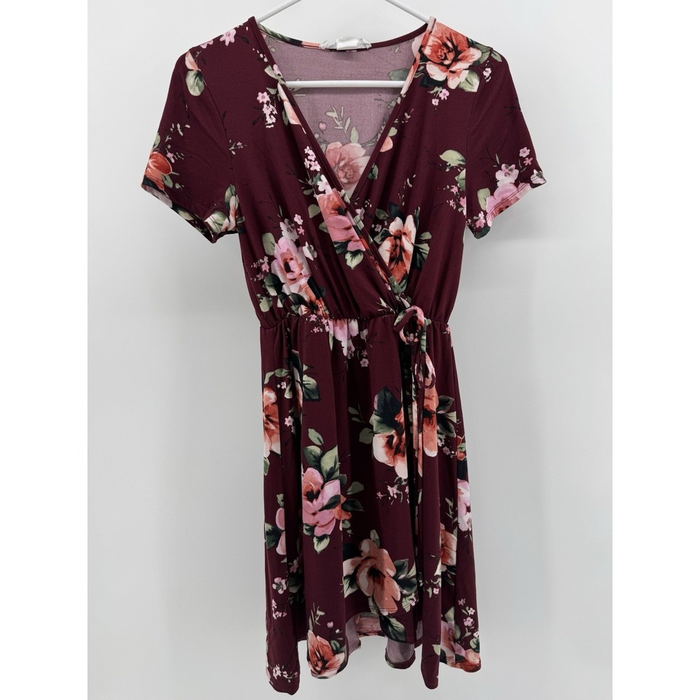 Love Fast Live Hard Women's Dress Short Sleeve Burgandy Floral Print Size Medium